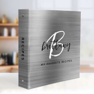 Silver Brushed Metal Black White Monogram Recipe 3 Ring Binder