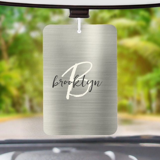 Silver Brushed Metal Black White Script Monogram  Air Freshener (Creator Uploaded)