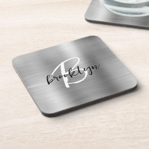 Silver Brushed Metal Black White Script Monogram  Beverage Coaster