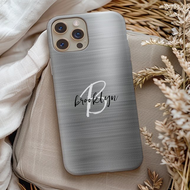 Silver Brushed Metal Black White Script Monogram  Case-Mate iPhone Case (Creator Uploaded)