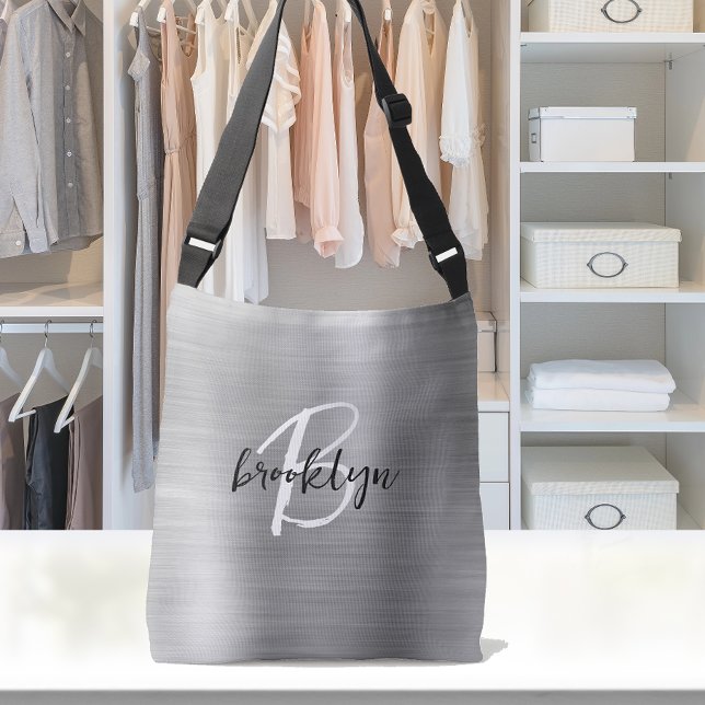 Silver Brushed Metal Black White Script Monogram  Crossbody Bag (Creator Uploaded)