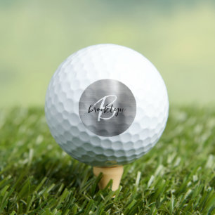 Silver Brushed Metal Black White Script Monogram Golf Balls