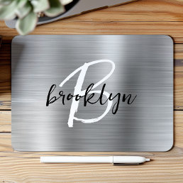 Silver Brushed Metal Black White Script Monogram  Mouse Pad