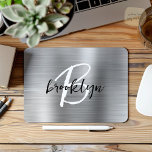 Silver Brushed Metal Black White Script Monogram  Mouse Pad<br><div class="desc">This elegant personalized mouse pad features a monogram and first name in modern black and white script on a glam silver brushed metal background.</div>