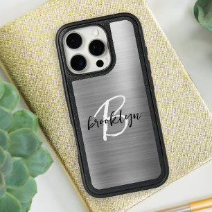 Silver Brushed Metal Black White Script Monogram iPhone 16 Pro Case