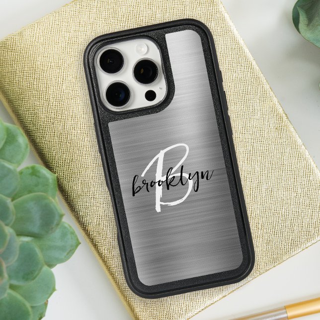 Silver Brushed Metal Black White Script Monogram Otterbox iPhone Case (Creator Uploaded)
