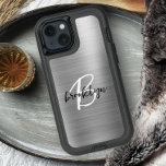 Silver Brushed Metal Black White Script Monogram iPhone 15 Pro Max Case<br><div class="desc">This elegant personalized phone case features a monogram and first name in modern black and white script on a silver brushed metal background.</div>