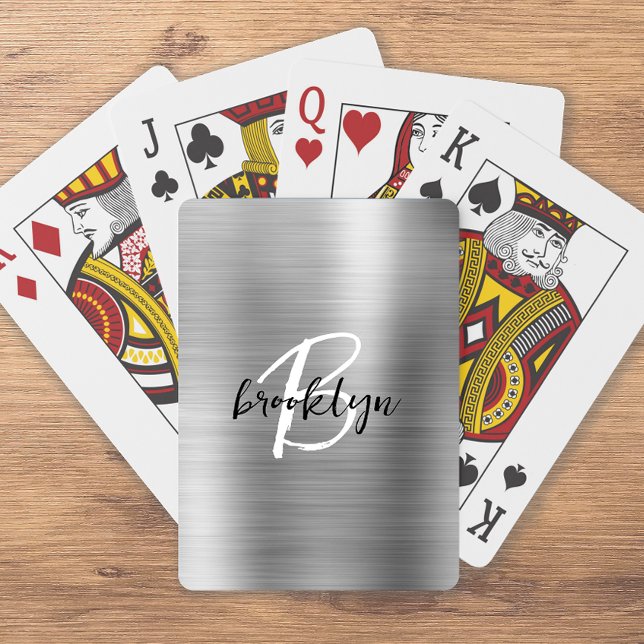 Silver Brushed Metal Black White Script Monogram  Poker Cards (Creator Uploaded)