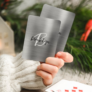Silver Brushed Metal Black White Script Monogram Poker Cards