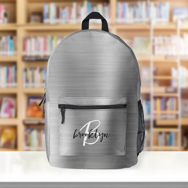 Silver Brushed Metal Black White Script Monogram  Printed Backpack (Creator Uploaded)
