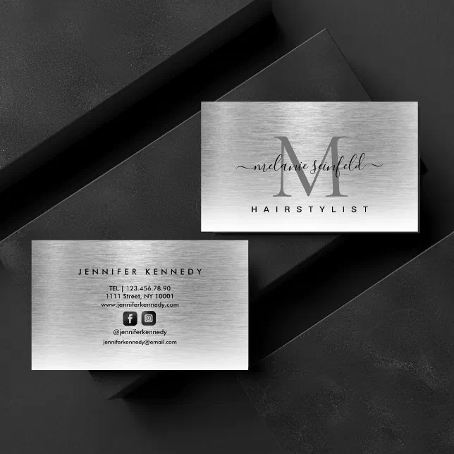Silver Brushed Metal Elegant Monogram Modern Business Card | Zazzle