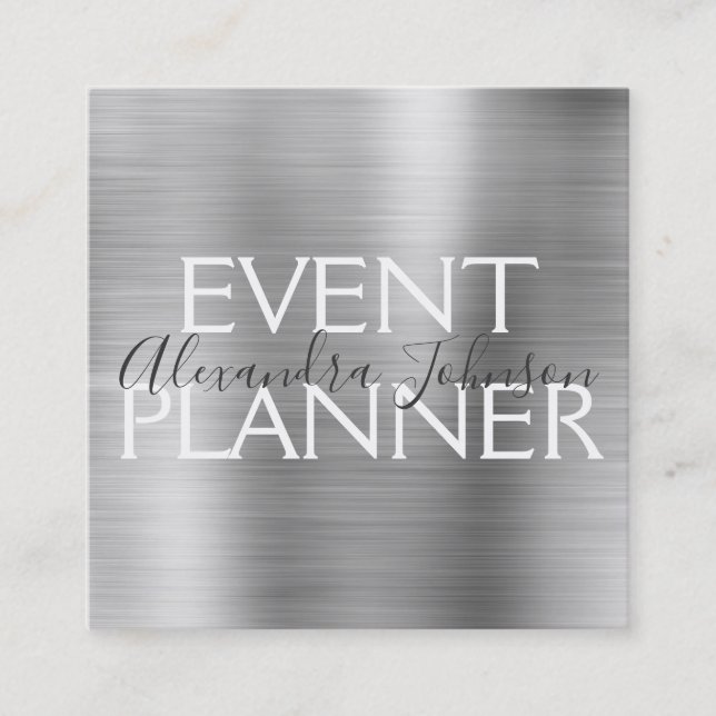 Silver Brushed Metal Event Planner Square Business Card (Front)