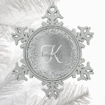 Silver Brushed Metal Glitter Monogram Name<br><div class="desc">Easily personalize this trendy snowflake framed Christmas ornament design featuring pretty silver sparkling glitter on a silver brushed metallic background.</div>