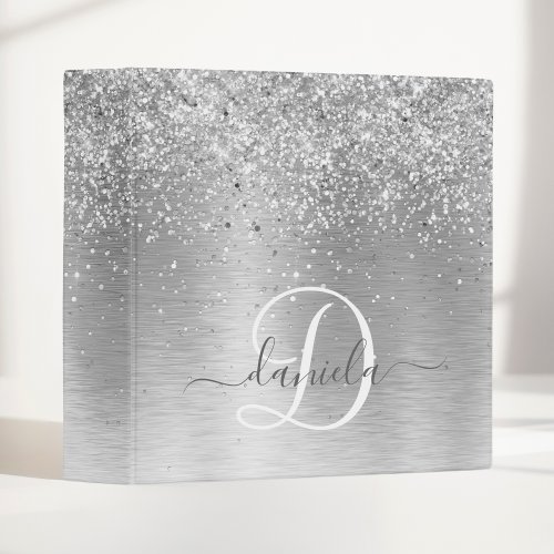 Silver Brushed Metal Glitter Monogram Name 3 Ring Binder