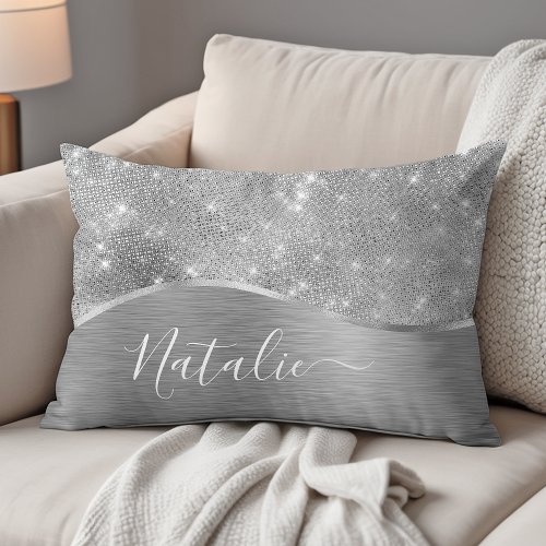 Silver Brushed Metal Glitter Monogram Name Accent Pillow