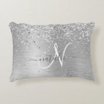 Silver Brushed Metal Glitter Monogram Name Accent Pillow<br><div class="desc">Easily personalize this trendy accent pillow design featuring pretty silver sparkling glitter on a silver brushed metallic background.</div>
