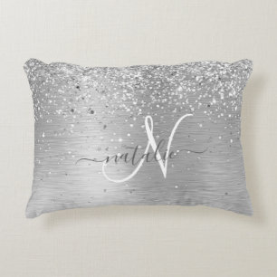 Silver Brushed Metal Glitter Monogram Name Accent Pillow