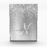 Silver Brushed Metal Glitter Monogram Name Acrylic Award<br><div class="desc">Easily personalize this trendy chic acrylic award design featuring pretty silver sparkling glitter on a silver brushed metallic background.</div>