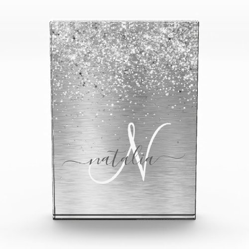 Silver Brushed Metal Glitter Monogram Name Acrylic Award