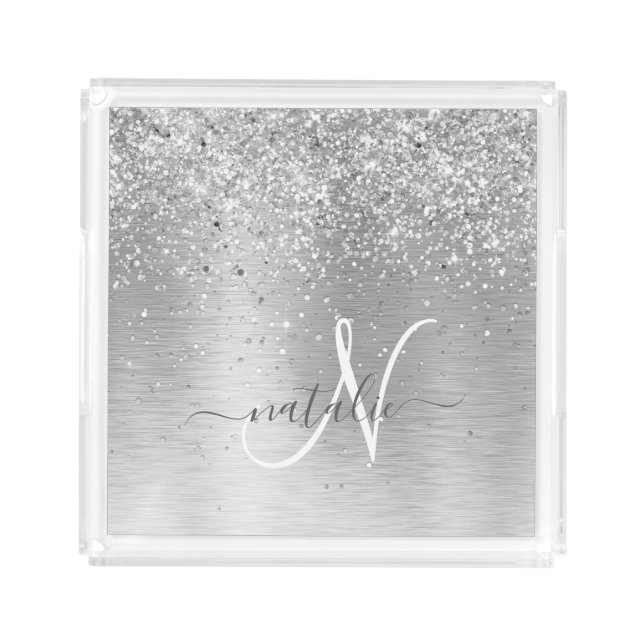 Silver Brushed Metal Glitter Monogram Name Acrylic Tray (Front)