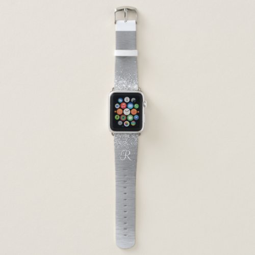 Silver Brushed Metal Glitter Monogram Name Apple Watch Band