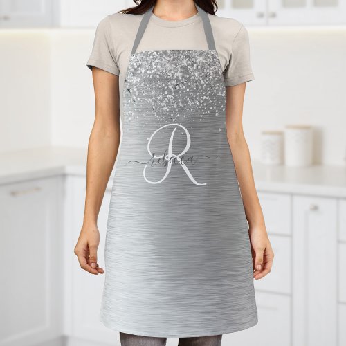 Silver Brushed Metal Glitter Monogram Name Apron