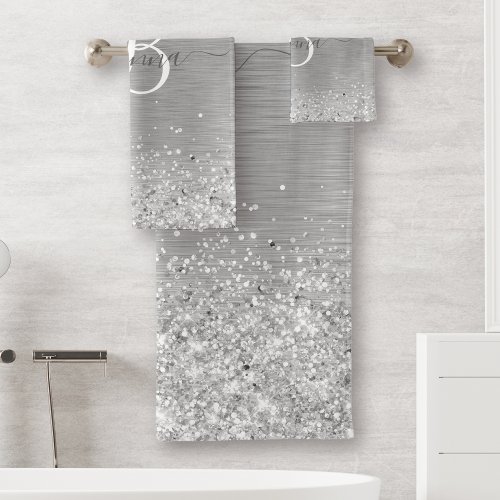 Silver Brushed Metal Glitter Monogram Name Bath Towel Set