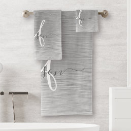 Silver Brushed Metal Glitter Monogram Name Bath Towel Set