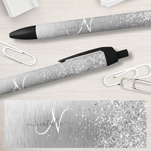 Silver Brushed Metal Glitter Monogram Name Black Ink Pen