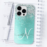 Silver Brushed Metal Glitter Monogram Name Case-Ma Case-Mate iPhone 14 Pro Case<br><div class="desc">Easily personalize this trendy chic phone case design featuring pretty silver sparkling glitter on a silver brushed metallic background.</div>