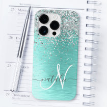 Silver Brushed Metal Glitter Monogram Name Case-Ma Case-Mate iPhone 14 Pro Case