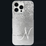 Silver Brushed Metal Glitter Monogram Name iPhone 16 Pro Max Case<br><div class="desc">Easily personalize this trendy chic phone case design featuring pretty silver sparkling glitter on a silver brushed metallic background.</div>