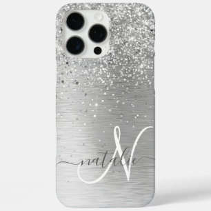 Silver Brushed Metal Glitter Monogram Name iPhone 16 Pro Max Case