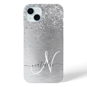 Silver Brushed Metal Glitter Monogram Name iPhone 15 Plus Case