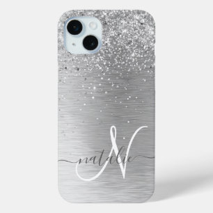 Silver Brushed Metal Glitter Monogram Name iPhone 15 Plus Case