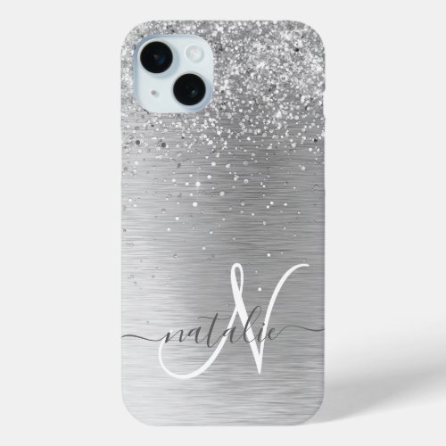 Silver Brushed Metal Glitter Monogram Name iPhone 15 Plus Case