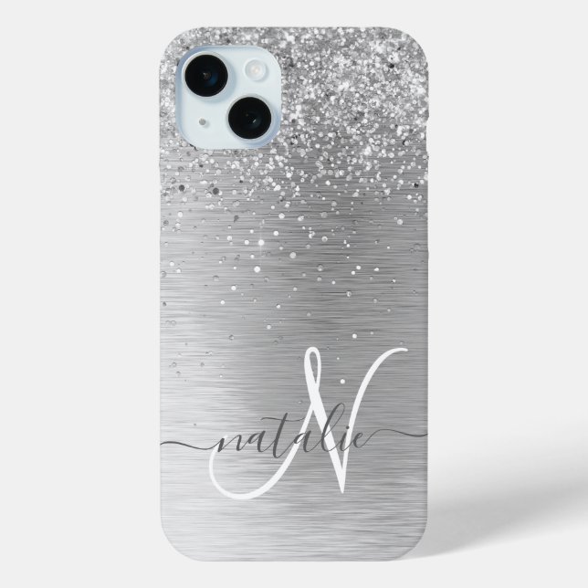 Silver Brushed Metal Glitter Monogram Name Case-Mate iPhone Case (Back)