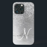 Silver Brushed Metal Glitter Monogram Name iPhone 13 Pro Case<br><div class="desc">Easily personalize this trendy chic phone case design featuring pretty silver sparkling glitter on a silver brushed metallic background.</div>