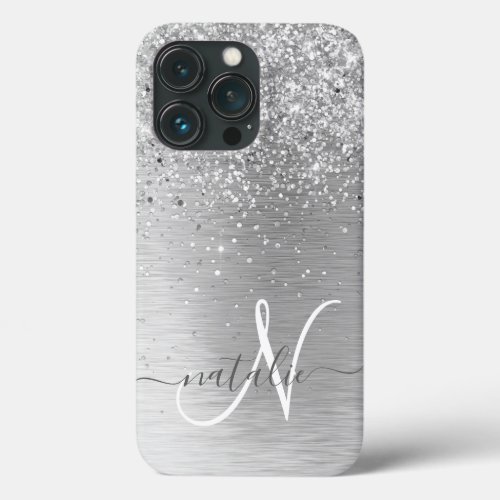 Silver Brushed Metal Glitter Monogram Name iPhone 13 Pro Case