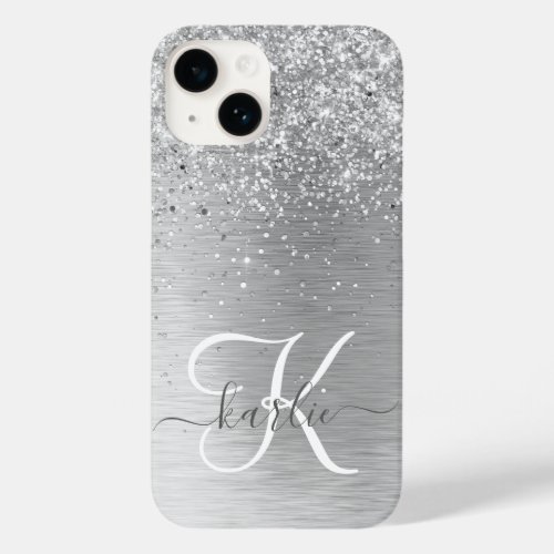 Silver Brushed Metal Glitter Monogram Name Case_Mate iPhone 14 Case