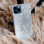 Silver Brushed Metal Glitter Monogram Name iPhone 15 Pro Case<br><div class="desc">Easily personalize this trendy chic phone case design featuring pretty silver sparkling glitter on a silver brushed metallic background.</div>