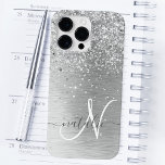 Silver Brushed Metal Glitter Monogram Name Case-Mate iPhone 14 Pro Max Case<br><div class="desc">Easily personalize this trendy chic phone case design featuring pretty silver sparkling glitter on a silver brushed metallic background.</div>