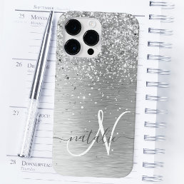 Silver Brushed Metal Glitter Monogram Name Case-Mate iPhone 14 Pro Max Case