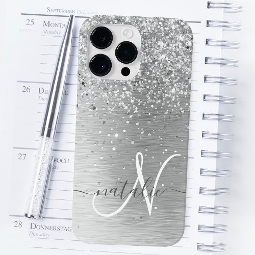 Silver Brushed Metal Glitter Monogram Name Case_Mate iPhone 14 Pro Max Case