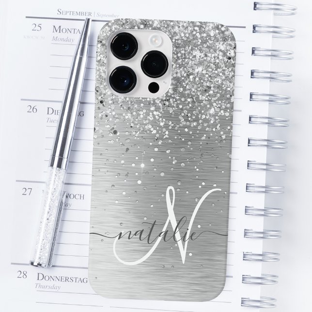 Silver Brushed Metal Glitter Monogram Name Case-Mate iPhone Case (Creator Uploaded)