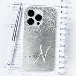 Silver Brushed Metal Glitter Monogram Name Case-Mate iPhone 14 Pro Case<br><div class="desc">Easily personalize this trendy chic phone case design featuring pretty silver sparkling glitter on a silver brushed metallic background.</div>