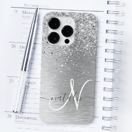 Silver Brushed Metal Glitter Monogram Name Case-Mate iPhone 14 Pro Case