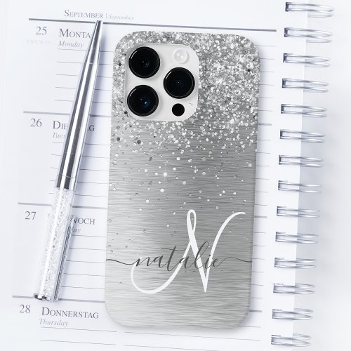 Silver Brushed Metal Glitter Monogram Name Case_Mate iPhone 14 Pro Case