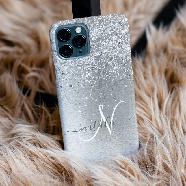 Silver Brushed Metal Glitter Monogram Name Case-Mate iPhone Case (Creator Uploaded)