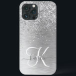 Silver Brushed Metal Glitter Monogram Name iPhone 13 Pro Max Case<br><div class="desc">Easily personalize this trendy chic phone case design featuring pretty silver sparkling glitter on a silver brushed metallic background.</div>